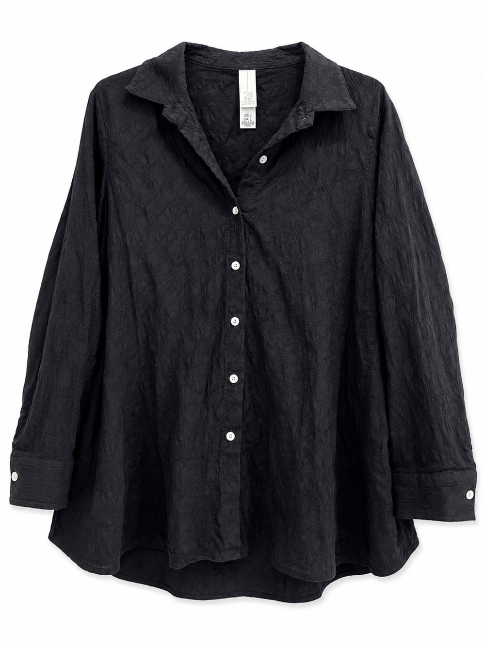 Marla Wynne Black Textured Button Front Blouse Shirt Top L Relaxed Chic